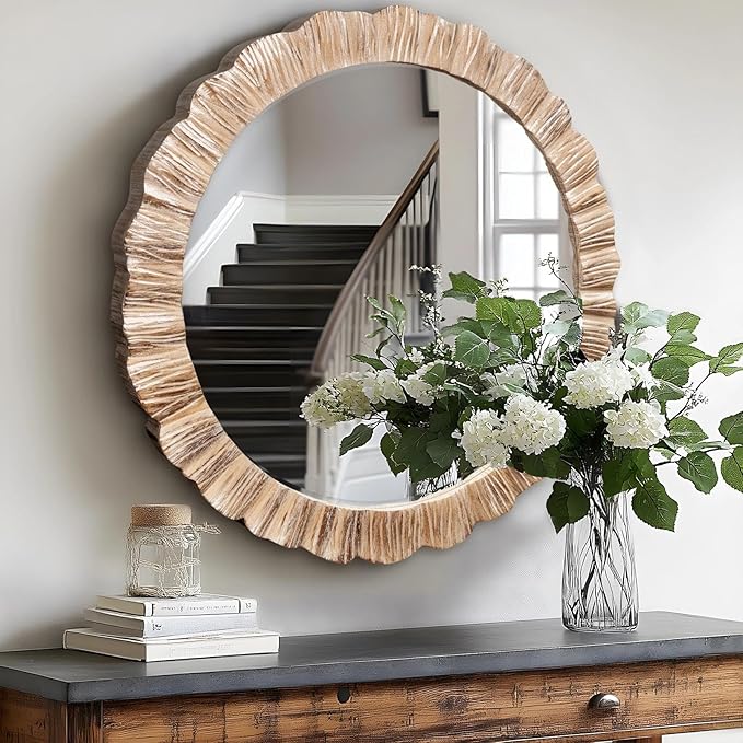 35" Wood Round Mirror, Rustic Wall Mirror with Thick Frame, Large Round Mirrors for Wall Decor, Wooden Circle Beveled Mirrors for Entryway, Farmhouse, Washed White