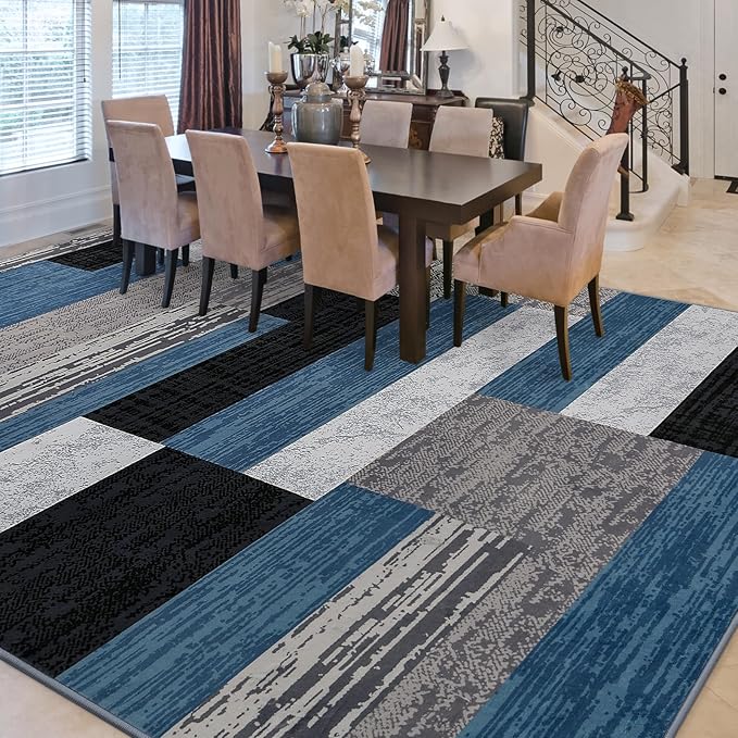 FlyDOIT Modern Geometric Patchwork Area Rug, 9x12 Blue Large Rugs for Living Room, Rockwood Collection Indoor Rugs for Bedroom, Throw Carpet Floor Decor for Entryway Dining Room Office Nursery