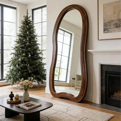 Large Irregular Floor Mirror, 67"x31.5" Organic Floor Mirrors with Triple Layer Solid Wood Frame, Premium Asymmetrical Full Body Mirror for Living Room Entryway Bedroom, Leaning/Hanging