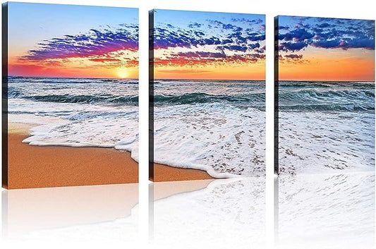 TutuBeer 3 Panels Beach Decor for Home Beach Art Colorful Ocean Kitchen Decor Sunrise Sea Wall Decor for Home Sea Wall Art Ocean Room Decor Wall Decor 12" x 24" x 3