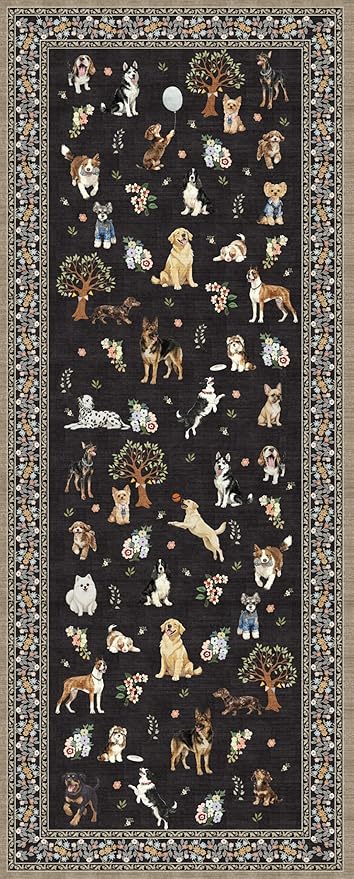 Black Floral Dog Rug Runner, 2x5 Washable Kitchen Mat Ultra-Thin Soft, Non-Slip Indoor Door Carpet Stain Resistant Boho Small Low-Pile Throw for Bathroom Bedroom