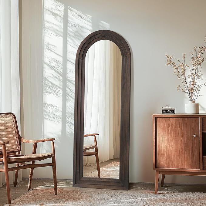 MELOMOIR Arched Full Length Mirror with Solid Wood Frame, 56"x21" Rustic Farmhouse Floor Mirror with Stand, Free Standing Leaning Hanging, for Bedroom Living Room Dressing Room Entryway, Brown