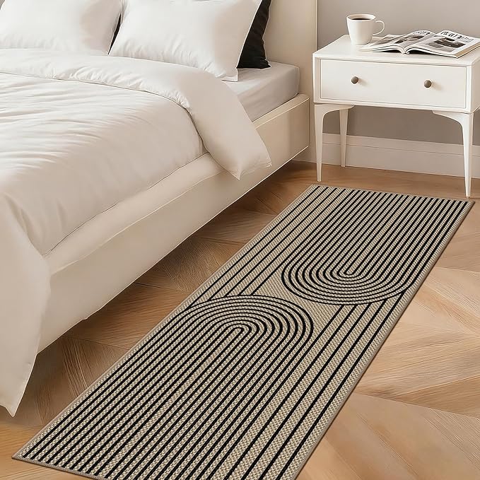 Easy Jute Hallway Runner Rug, 2' x 6' Kitchen Runner, Black Farmhouse Ultra-Thin Washable Non-Slip Carpet Runner for Laundry, Bedroom, Backyard, Outdoor, Home Decor