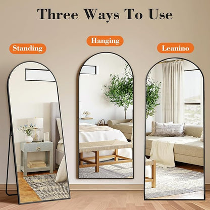 DUMOS 63"x20" Arched Full Length Mirror with Stand Floor Free Standing Aluminum Frame for Bedroom Body Hanging Leaning Modern Simple Home Decor Shatter-proorf Nano Glass Wall, Black-Rounded