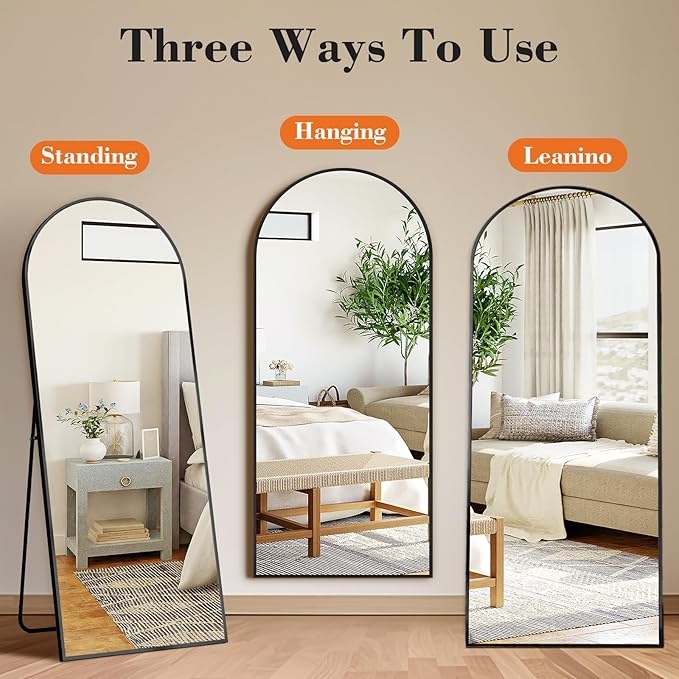 Sweetcrispy 64"x21" Arched Full Length Mirror, Full Body Mirror with Aluminum Alloy Thin Frame, Leaning or Standing, Suitable for Bedroom, Livingroom, Cloakroom, Black