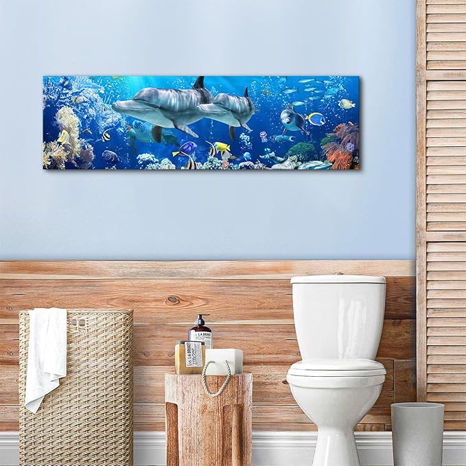 Ocean Dolphin Wall Art for Bathroom Nautical Theme Picture Photo Coastal Room Decor Nature Blue Seascape Painting Prints Under The Sea World Landscape Poster Artwork Living Room Home Decoration 14x48"