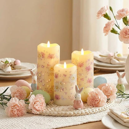 Eywamage Fiber Optic Flameless Pillar Candles with Remote, Floral Butterfly Spring LED Candles Flickering Home Decor Gift Set of 3