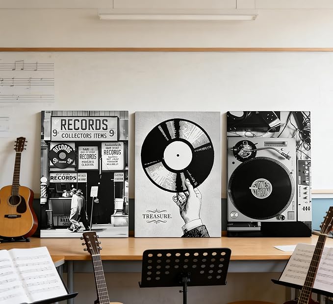 Vintage Music Canvas Wall Art Fashion Black And White Photography Preppy Vinyl Record Painting Picture Wall Decor Bar Rock Music Lovers Poster Print Artwork for Recording Studio Club Home Decoration