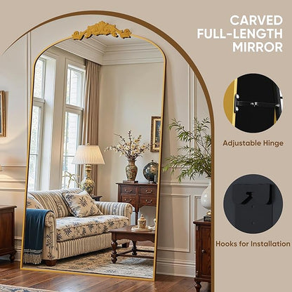 Antok Arched Full Length Mirror, 72"x44" Floor Mirror with Carved, Full Body Mirrors for HomeDecor, Standing/Halling Large Wall Mirror for Bedroom, Living Room, Cloakroom, Gold, Retro Style