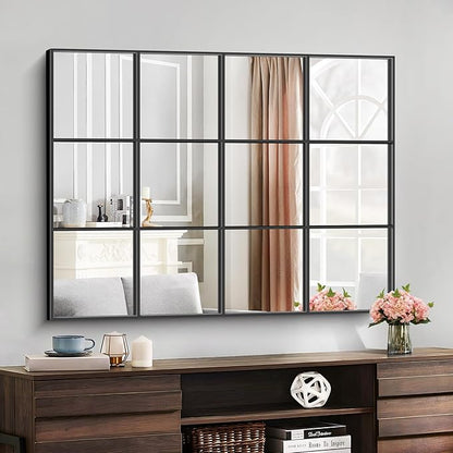 Rectangle Mirror, Window Mirror Wall Mounted, 36"×48" Window Pane Mirror Wall Decor Metal Framed, Large Black Mirror for Bedroom Living Room Fireplace Entryway Hanging or Leaning Against Wall