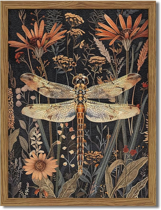 Framed Vintage 3D Textured Wall Art Dark Green Dragonfly Flowers Wall Decor Hand Drawn Sandstone Nature Botanical Paintings Pictures for Living Room Bedroom 16x24 inch
