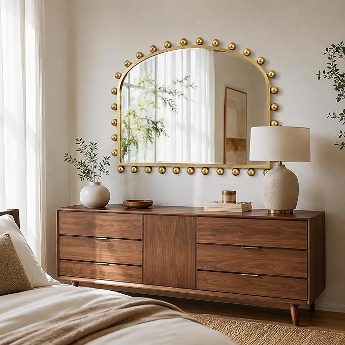 36"x28" Wide Arched Wall Mirror, Antique Gold Ball Frame with Beveled Glass, Large Horizontal Mantel Piece Over Fireplace or Above Sofa, Statement Metal Frame for Living Room