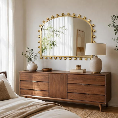 36"x28" Wide Arched Wall Mirror, Antique Gold Ball Frame with Beveled Glass, Large Horizontal Mantel Piece Over Fireplace or Above Sofa, Statement Metal Frame for Living Room