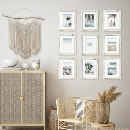 YESKAY 8x10 Picture Frame Set of 9, Display Pictures 5x7 with Mat or 8 x 10 Without Mat, Multi Photo Frames for Wall Mounting or Table Top Display, Distressed White