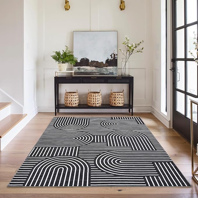 ROYHOME Washable Rug 5x7 Area Rugs for Living Room, Abstract Rug for Bedroom, Soft Rainbow Non Slip Throw Rugs with Rubber Back, Low Pile Stain Resistant Boho Geometric Carpet for Dining Room, Black