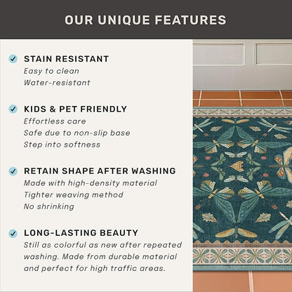 Dark Teal 4x6 Area Rugs for Door Mat Entrance - Vintage Floor Rug for Entryway, Mudroom Kitchen, Floral Forest Insect Print, Washable Low Pile Non-Slip Stain Resistant
