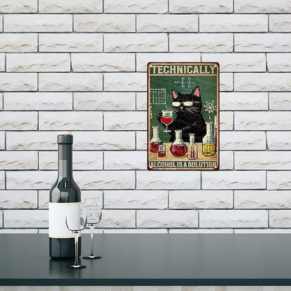 ARTWALLURE Funny Bar Sign “Technically Alcohol is a Solution” Black Cat Vintage Metal Tin Sign for Pub, Tavern, Man Cave & Home Bar Decor 8x12 Inch