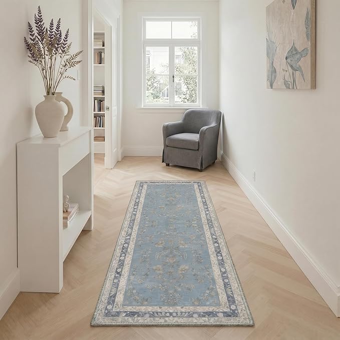 GENIMO Runner Rug 2x5 Non Slip Machine Washable Vintage Hallway Runner Rug, Low Pile Lightweight Rugs for Entryway, Hallway, Kitchen and Corridor, Dusty Blue