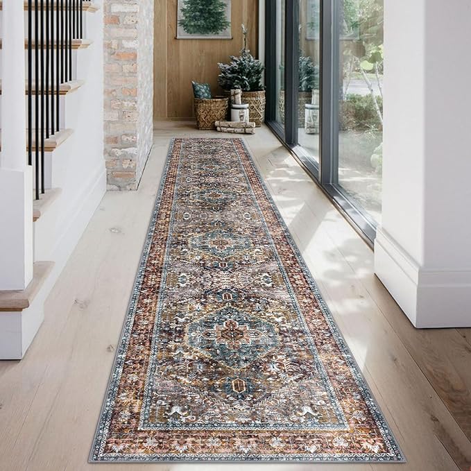 KOZYFLY Runners for Hallways 2x12 Ft Washable Kitchen Runner Rug Boho Long Runner for Entryway Indoor Printed Faux Wool Carpet for Bedroom Kitchen Hall, Brick Red/Orange/Green