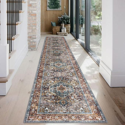 KOZYFLY Runners for Hallways 2x12 Ft Washable Kitchen Runner Rug Boho Long Runner for Entryway Indoor Printed Faux Wool Carpet for Bedroom Kitchen Hall, Brick Red/Orange/Green