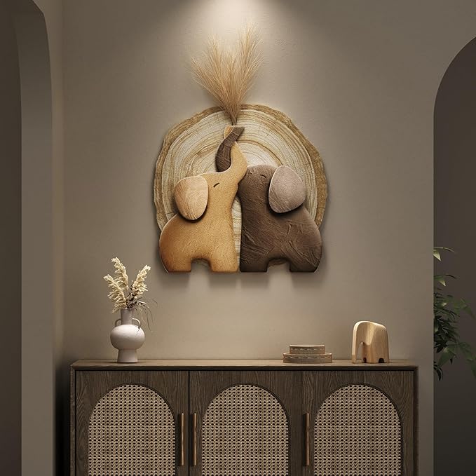 Troartos 3D Textured Elephant Wall Art Decor, Minimalist Neutral Brown Animal Artwork for Walls, Tree Ring Wall Decor for Living Room, Dining Room, Bedroom, Home Office 24x24 Inch