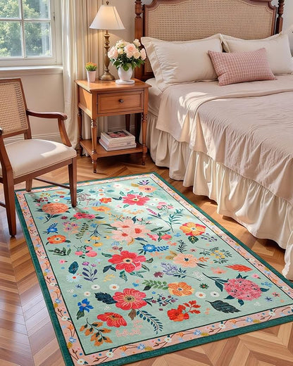 Macgace 4x6 Floral Rug for Girls Bedroom, Machine Washable Area Rugs with Non Slip Backingfor Living Room, Cute Flowers Carpet Kitchen Dining Room Kids Playroom Decor, Light Green