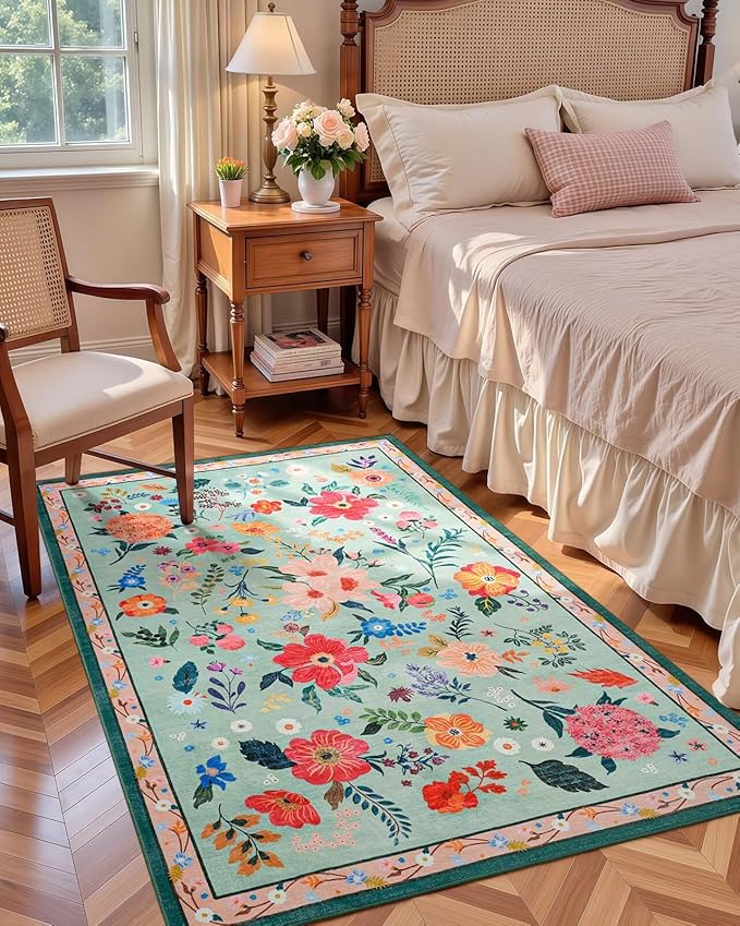 Macgace 3x5 Floral Rug for Girls Bedroom, Machine Washable Area Rugs with Non Slip Backingfor Living Room, Cute Flowers Carpet Kitchen Dining Room Kids Playroom Decor, Light Green