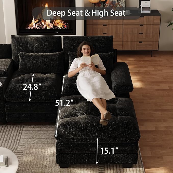 134"U Shaped Sectional Couches for Living Room, Oversized Modular Sectional Fluffy Couch with 2 Ottoman & Storage Console,Modern 6 Seat Living Room Sofa with Glitter Fabric,Tufted Buttons, Black