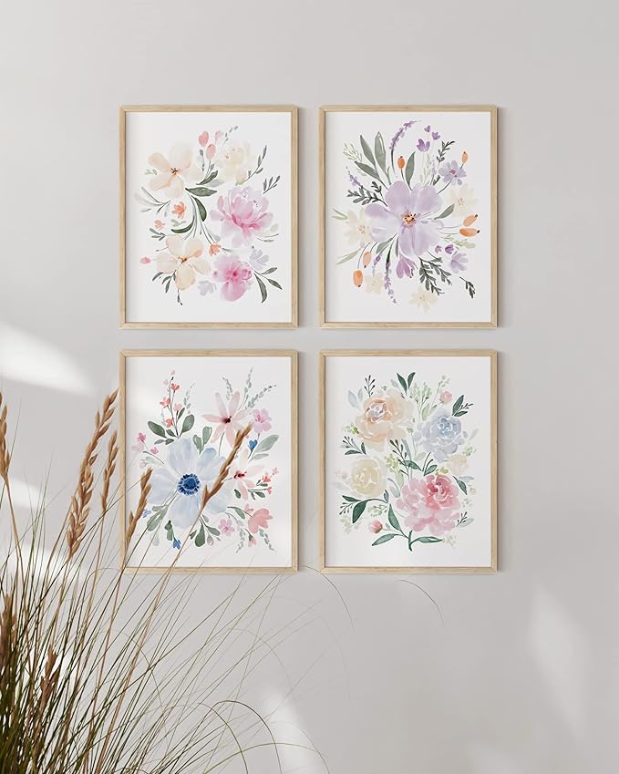 HAUS AND HUES Flower Wall Decor - Set of 4 Bouquet Art, Framed Flower Painting, Floral Pictures, Botanical Wall Decor (8x10, Beige Frame)