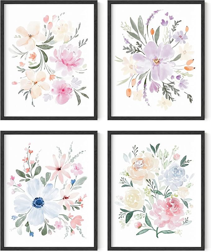 HAUS AND HUES Flower Wall Decor - Set of 4 Floral Wall Art, Framed Bouquet Pictures for Living Room, Bedroom, and Kitchen, Flower Pictures Wall Decor (Framed Black, 8x10)