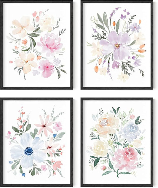 HAUS AND HUES Flower Wall Decor - Set of 4 Floral Wall Art, Framed Bouquet Pictures for Living Room, Bedroom, and Kitchen, Flower Pictures Wall Decor (Framed Black, 8x10)