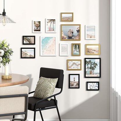 Venusmiles 15 Pack Picture Frames Collage Wall Decor, Gallery Frame Set for Wall Mounting or Tabletop Display, Multi Sizes Including 3pcs 8x10, 6pcs 5x7, 6pcs 4x6, Black+White+Gold