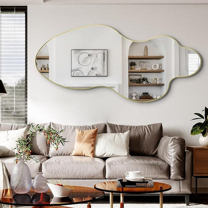 Irregular Wall Mirror, 60"x30" Gold Asymmetrical Mirrors Full Length, Large Abstract Mirrors with Metal Frame, Modern Unique Shaped Mirror for Living Room Bathroom Bedroom Hallway Entryway