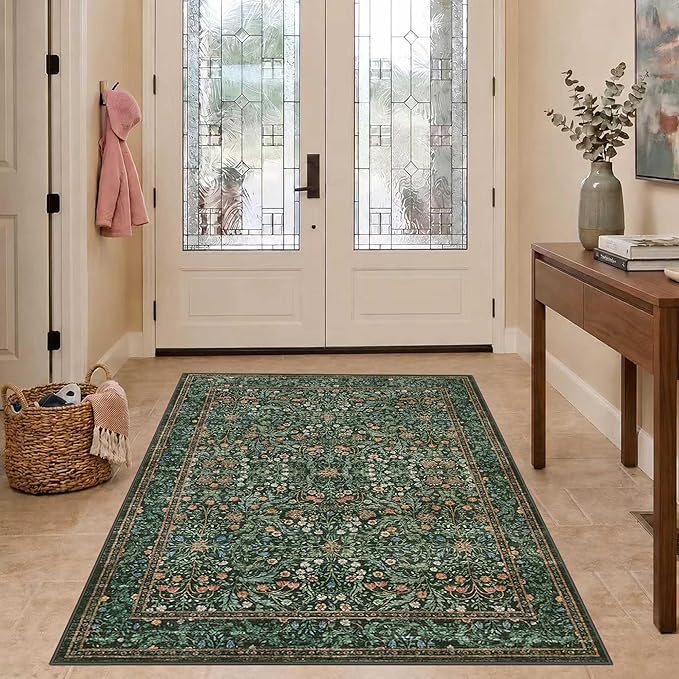Rugxara 3x5 Rug for Entryway Bedroom, Green 3x5 Washable Area Rug, Vintage Retro Boho Throw Rug, Non Slip & Low Pile Small Carpet for Indoor Entry, Kitchen, Bedside, Living Room, Bathroom and Dining