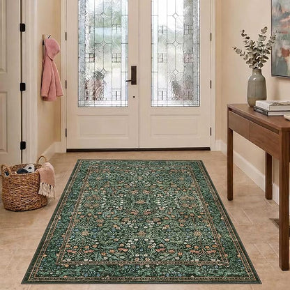 Rugxara 3x5 Rug for Entryway Bedroom, Green 3x5 Washable Area Rug, Vintage Retro Boho Throw Rug, Non Slip & Low Pile Small Carpet for Indoor Entry, Kitchen, Bedside, Living Room, Bathroom and Dining