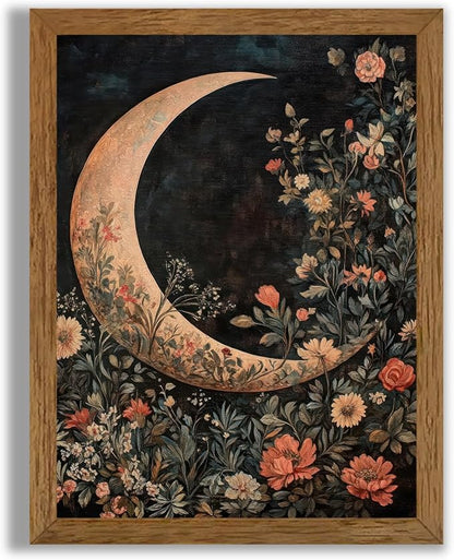 JLTULT Framed Vintage Floral and Moon Canvas Wall Art, Dark Mystical Celestial Floral Wall Decor, William Morris Gothic Prints Artwork for Bedroom Living Room Office Decoration 8x10 inch Easy to Hang