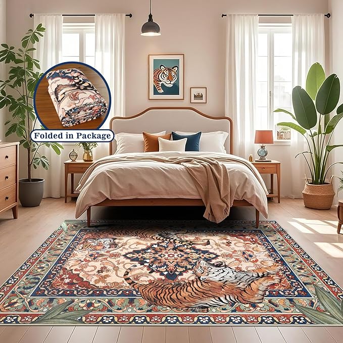Tiger Washable Area Rugs for Living Room 5x7Ft Non Slip, Botanical Jungle Bedroom Rugs, Soft Boho Animal Printed Kids Nursery Floor Carpets for Dining Room Dorm Farmhouse Office, Red Blue