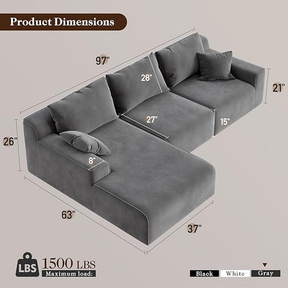 Homkdom Modular Sectional Sofa, L-Shaped Cloud Couch with Deep Seat, Convertible 6-in-1 Boneless Couches for Living Room, Memory Foam Sofa, No Assembly Required (Grey Check, Left Facing Chaise)