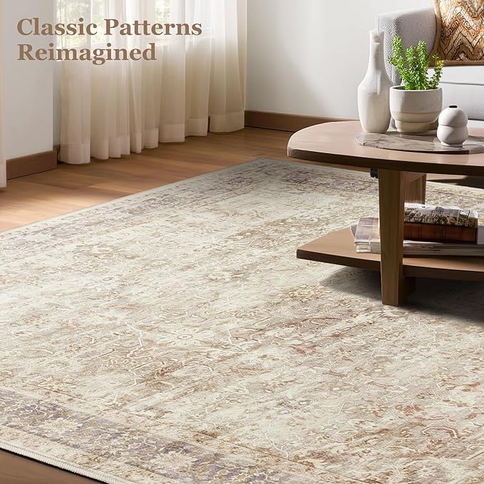 Neutral 2'6''x8' Kitchen Runner Rug, Vintage Printed Runners for Hallways Non Slip Washable, Low Pile Thin Entryway Runner Rug Indoor Foyer Mudroom Bathroom Bedroom, Earth Tone Beige Taupe