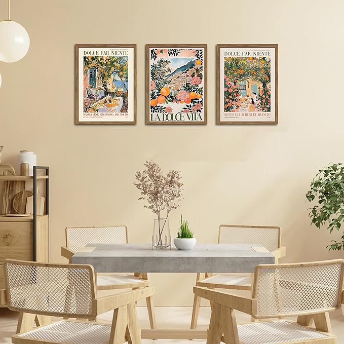 Framed Italian Scenery Wall Art Set of 3, Amalfi Coast Kitchen Wall Art, Vintage City Landscape Canvas Print, Trendy Italian Food Pictures Artwork for Living Room Dining Room – 16x24 inch