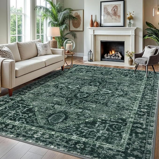 KOZYFLY Area Rug 8x10 Ft Thin Rugs for Living Room Washable Bedroom Rug Non Slip Rugs for Living Room Printed Faux Wool Vintage Bedroom Rug Floor Carpet for Dining Room, Dark Green