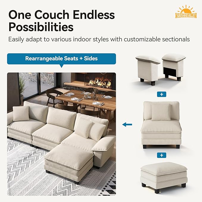 SUNSHINE VALLEY Sectional Loveseat with Ottoman, 87.5'' Oversized Chenille Love Seat Modular Sofa Couch with Pillow, 3-Seat Modern L Shaped Cloud Deep Seat for Bedroom Small Space, Beige