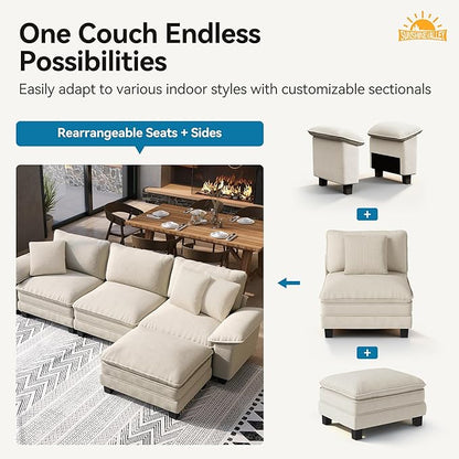 SUNSHINE VALLEY Sectional Loveseat with Ottoman, 87.5'' Oversized Chenille Love Seat Modular Sofa Couch with Pillow, 3-Seat Modern L Shaped Cloud Deep Seat for Bedroom Small Space, Beige