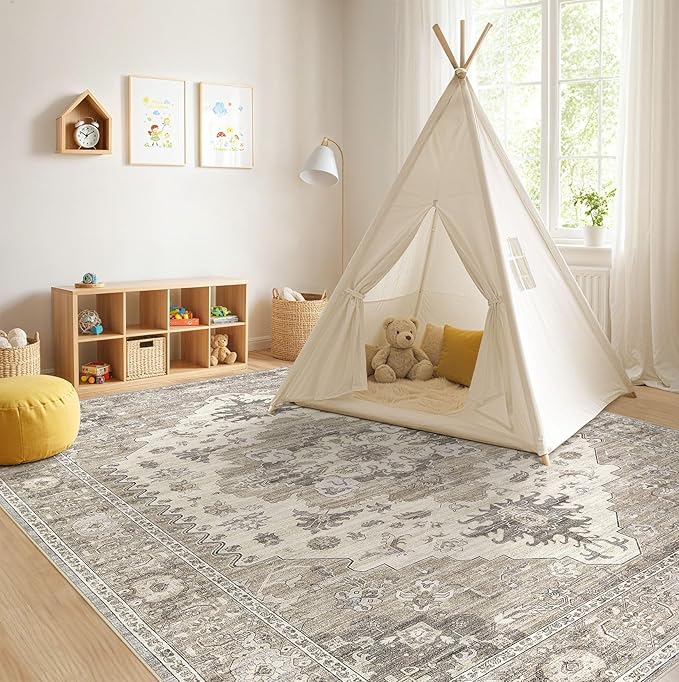 EIEIHOUSE Washable Area Rugs for Living Room - 10x14 Neutral Vintage Distressed Floral Farmhouse Boho Large Soft Floor Rug Indoor Non Slip Carpet for Living Room Bedroom Dining Room Office-Brown/Beige