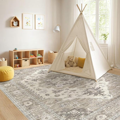 EIEIHOUSE Washable Area Rugs for Living Room - 10x14 Neutral Vintage Distressed Floral Farmhouse Boho Large Soft Floor Rug Indoor Non Slip Carpet for Living Room Bedroom Dining Room Office-Brown/Beige
