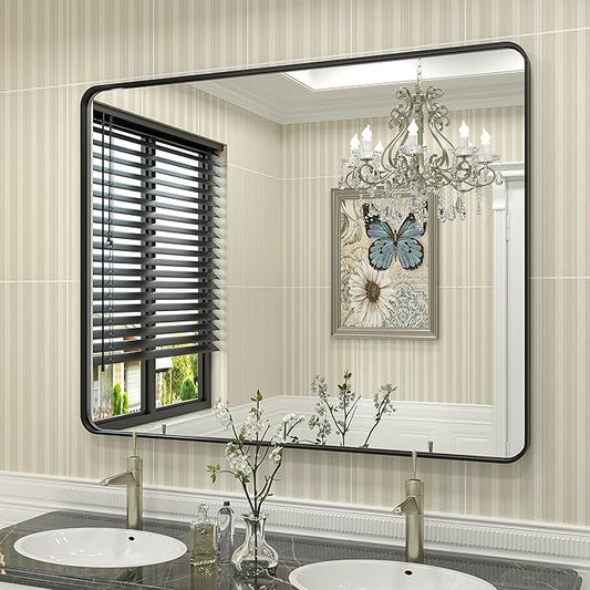 40x32 Black Bathroom Mirror, Matte Framed Bathroom Vanity Mirror for Wall, Modern Rectangle Mirror, Rounded Corners, Tempered Glass (Horizontally/Vertically)