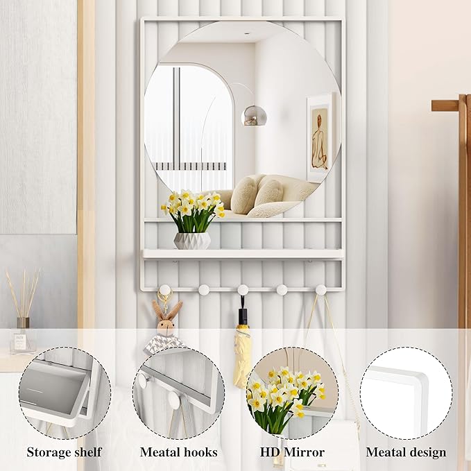 21" X 28" Wall Mirror with Shelf and Hooks,Entryway Mirror with Hooks, Metal Framed Bathroom Mirror with Shelf for Bathroom, Bedroom, Living Room (White, 21 x 28)