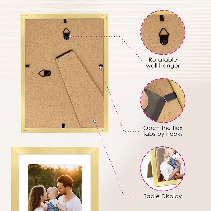 FIXSMITH 5x7 Picture Frame Set of 2, Gold Picture Frames Collage for Tabletop or Wall Display, Photo Frame with HD Plexiglass, Display Pictures 4x6 with Mat or 5x7 Without Mat