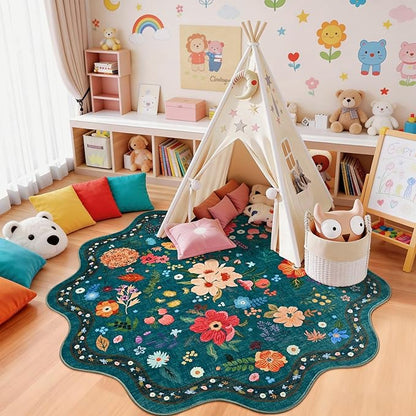 Macgace Dark Green Round Rug for Girls Bedroom, 5ft Machine Washable Floral Area Rugs with Non Slip Backing, Cute Flower Carpet Kitchen Living Room Kids Playroom Decor