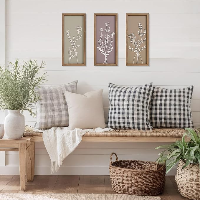 pechpell Set of 3 Wooden 3D Flower Wall Art Wood Framed, 15.7×7.1 Inch Floral Boho Wall Decor, Rustic Farmhouse Home Artwork for Bedroom Bathroom Living Room Kitchen Decorations